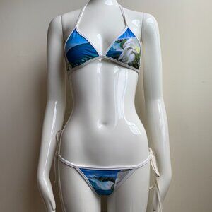 Aaron Chang blue reversible plumeria bikini triangle top tie side